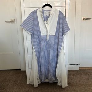 Sacai blue striped shirt dress with hidden chiffon paneled skirt NWT